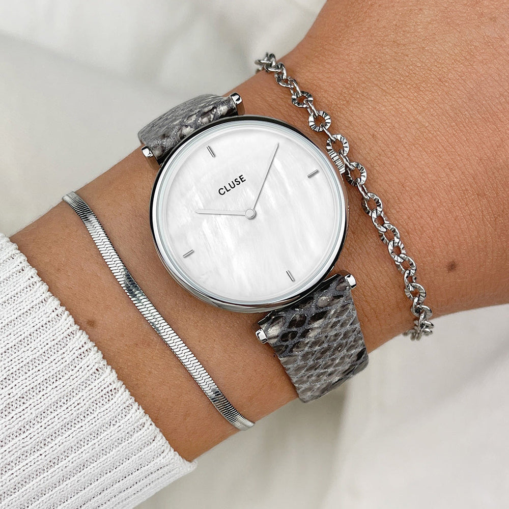 CLUSE Triomphe Silver White Pearl/Soft Grey Python CL61009 - Watch on wrist