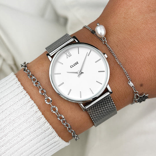 CLUSE Minuit Mesh Silver White/Silver CW0101203002 - Watch on wrist
