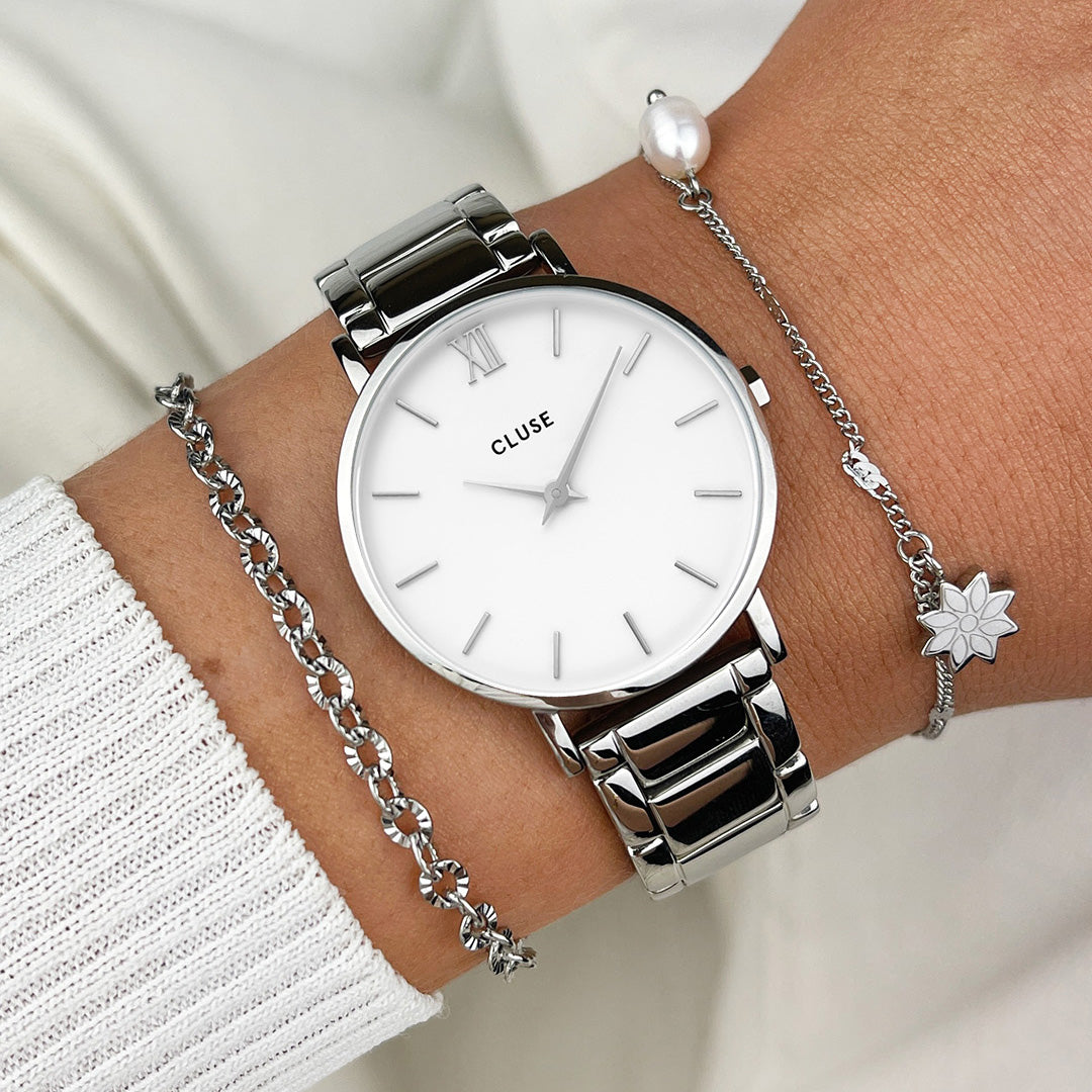 CLUSE Minuit 3-Link Silver White/Silver - Watch on wrist