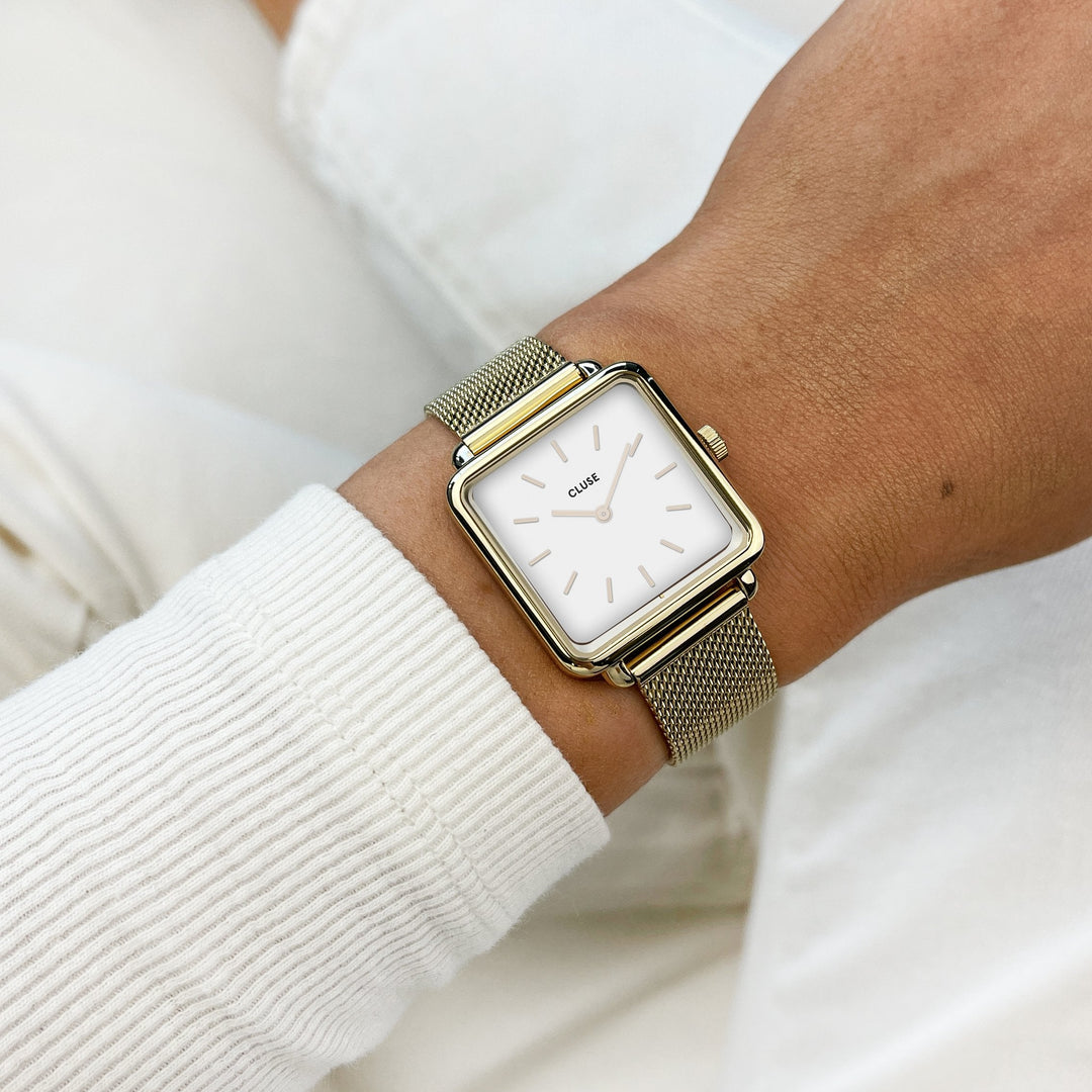 CLUSE Gift Box La Tétragone Watch & Leather Strap, Gold Colour CG10318 - Watch on wrist