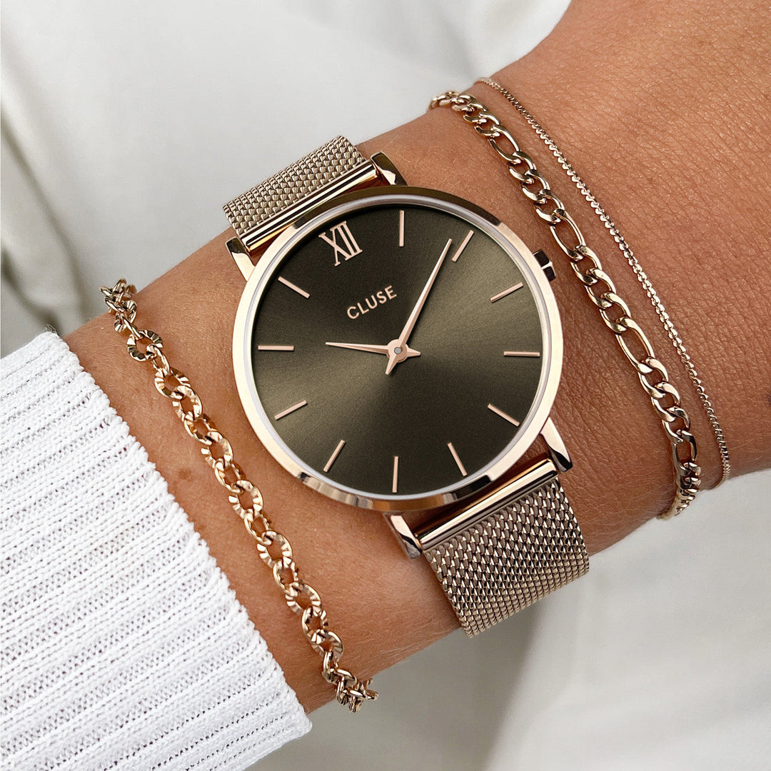CLUSE Minuit Mesh Grey, Rose Gold CW10207 - Watch on wrist.