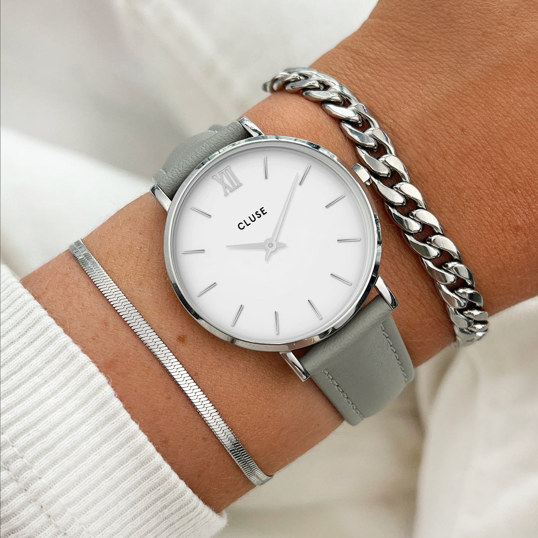 CLUSE Strap 16 mm Leather Grey, Silver Colour CS12234 - Watch strap on wrist